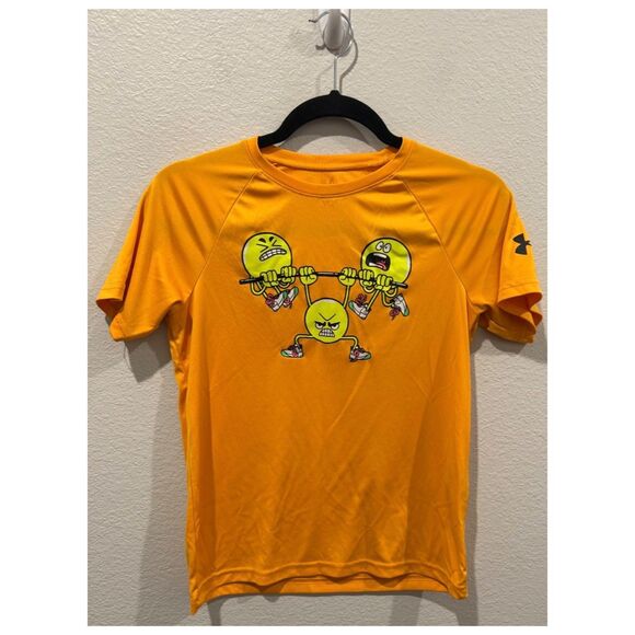 Under Armour Other - UNDER ARMOUR Cartoon Graphic Three Smiley Faces Lifting Weights Yellow T-shirt